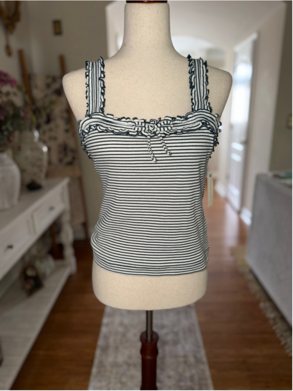 Women's Maeve Striped Ruffle Tank Top, Size M, White and Green